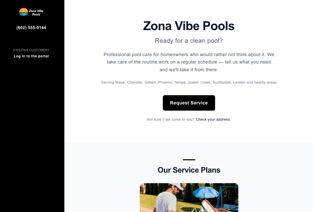A pool company's own PoolSpartan website — the business name and headline, the towns it serves, a Request Service button, an address checker, and its published service plans below