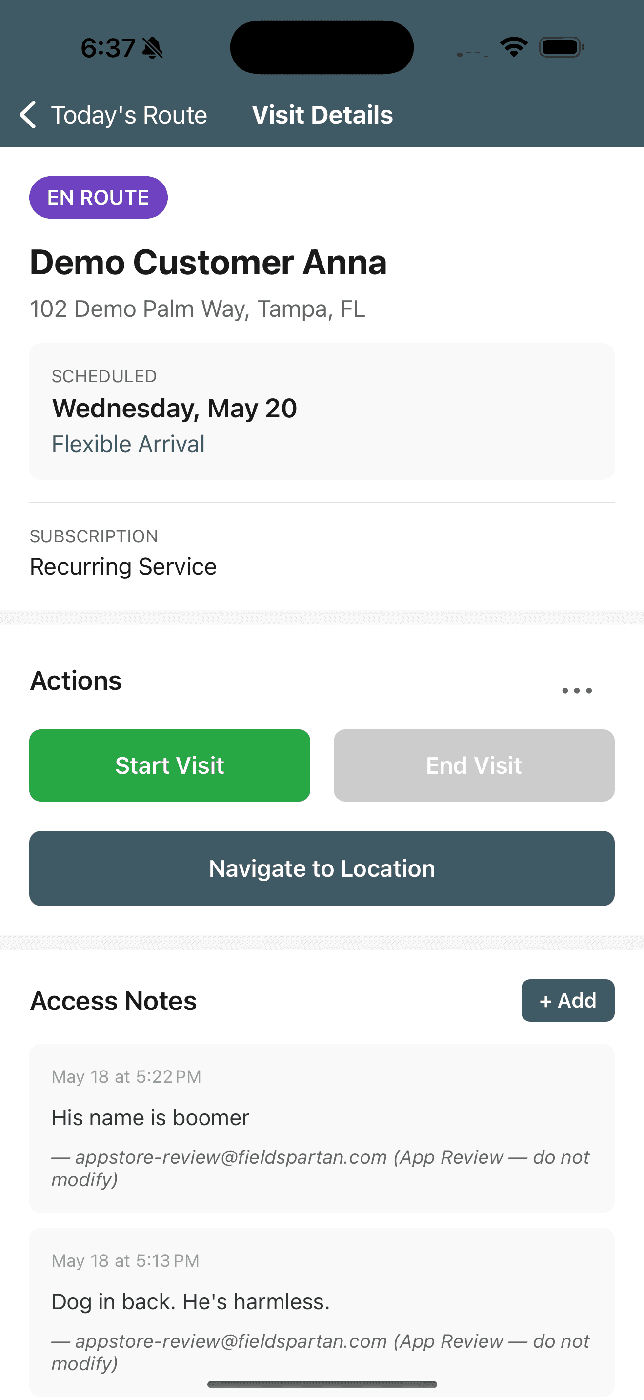 FieldSpartan customer detail with access notes