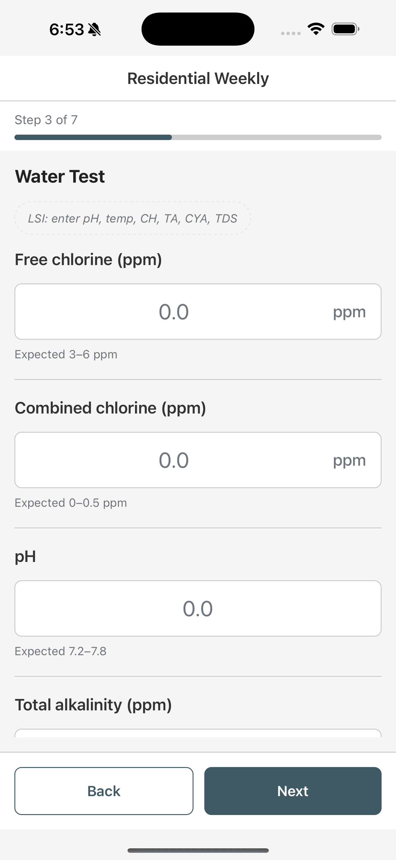 FieldSpartan water test step with chemistry target ranges