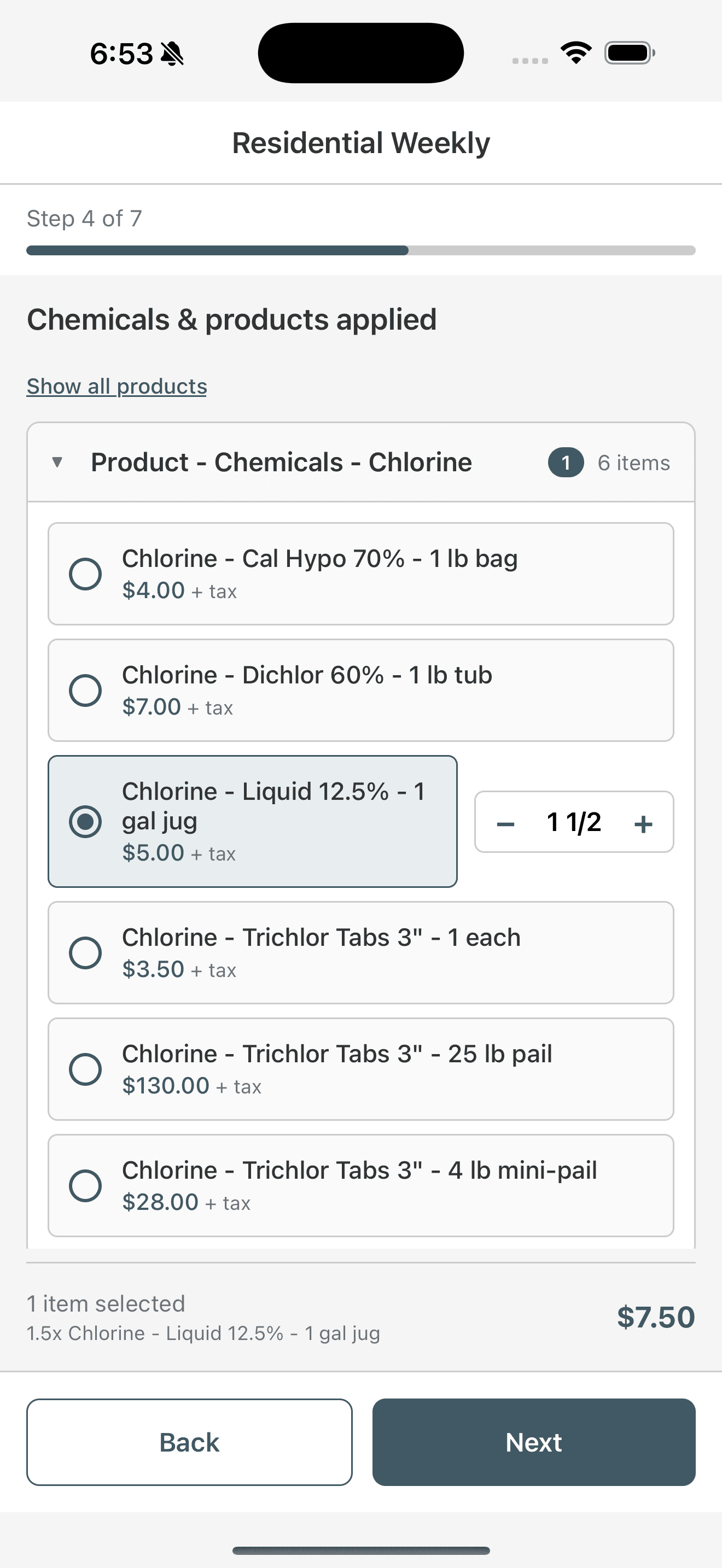 FieldSpartan chemicals applied step with product picker