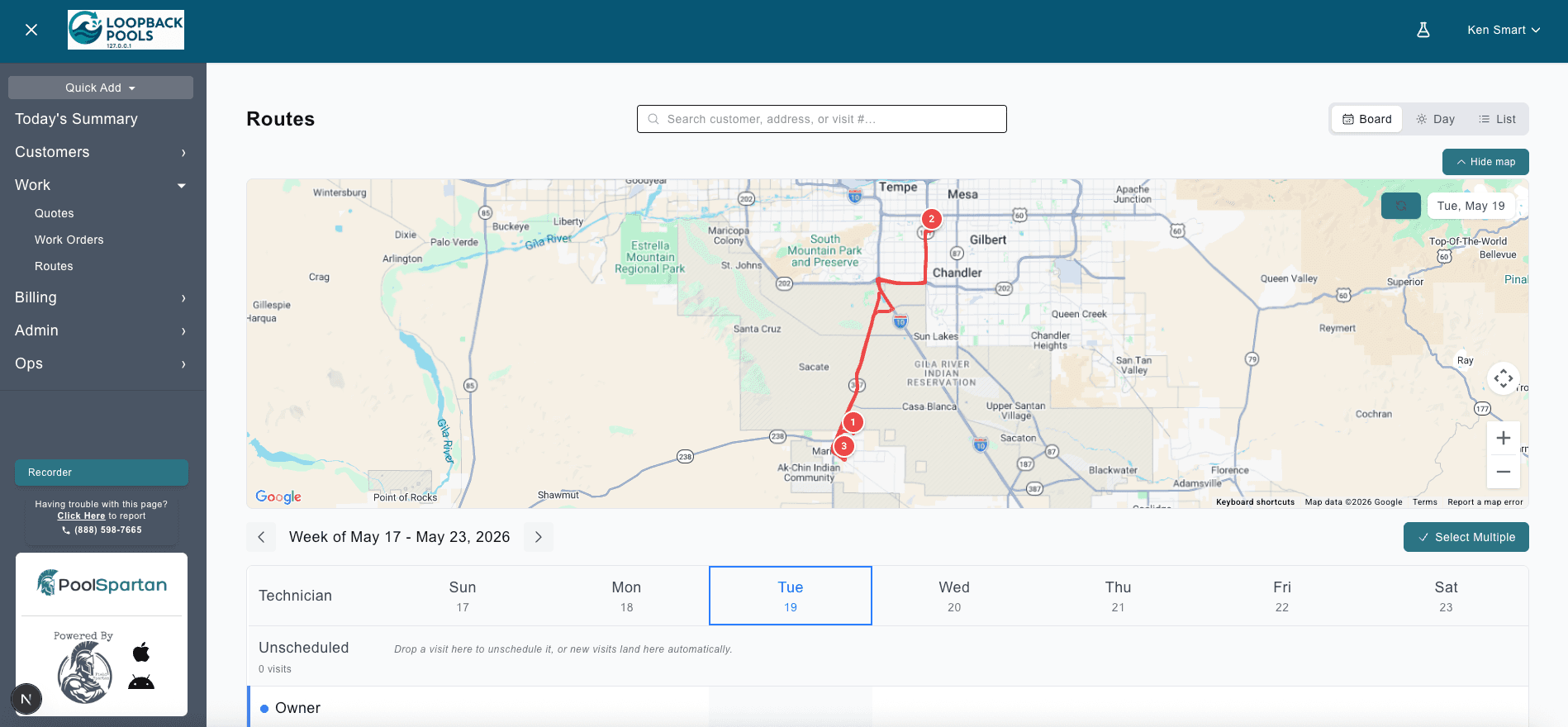 PoolSpartan dashboard showing today's route on a map