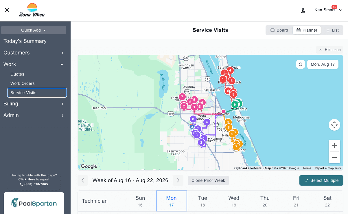 PoolSpartan Service Visits planner — the day's stops color-coded by technician on a map, with a technician-by-day grid underneath